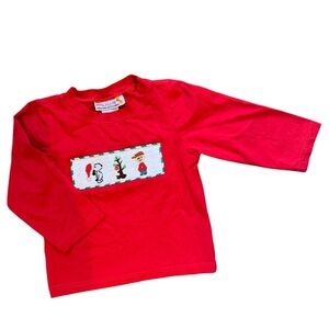 Smocked Snoopy Charlie Brown Christmas Holiday Red Long Sleeve Shirt